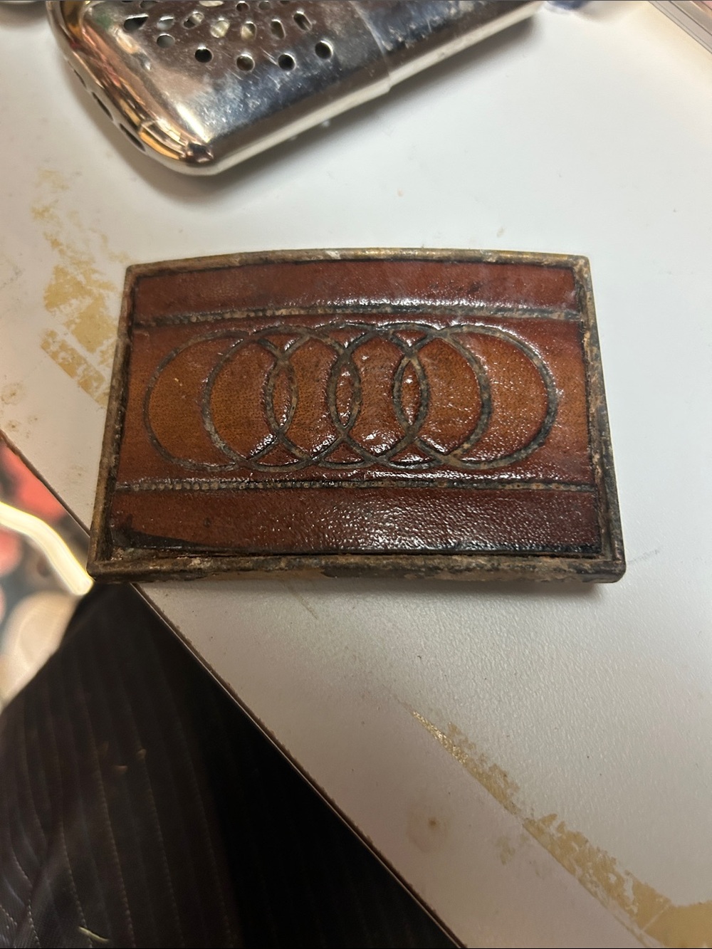 Vintage Brown Leather Money Clip with Interlocking Circle Design
